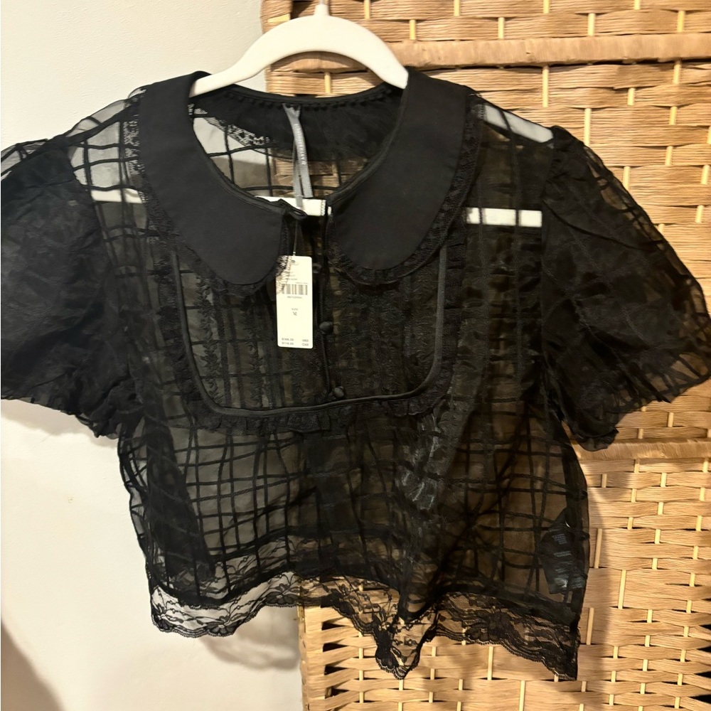 By Anthropologie sheer cropped black top with collar. NWT